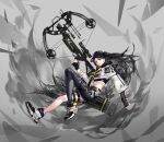  1girl arrow_(projectile) asymmetrical_clothes belt black_gloves black_hair black_pants black_sports_bra bow_(weapon) capelet elbow_gloves eyelashes floating gloves hat highres holding holding_bow_(weapon) holding_weapon long_hair long_sleeves original pants ponytail shoes simple_background single_pantsleg solo sports_bra thigh_strap very_long_hair weapon white_capelet youngmoon_99 