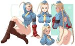  1girl ass beret blonde_hair blue_eyes boots braid breasts cammy_white closed_mouth fingerless_gloves gloves hat leotard long_hair looking_at_viewer osanpogakari scar solo street_fighter twin_braids 