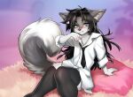  &lt;3 2022 5_fingers anthro black_hair blue_eyes blush canid canine canis clothed clothing digital_drawing_(artwork) digital_media_(artwork) domestic_dog dragonfu eyelashes fingers girly grey_(character) hair husky legwear looking_at_viewer male mammal necktie nordic_sled_dog pillow portrait shaded shirt smile solo spitz stockings topwear 