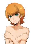  1girl bangs bare_shoulders blush brown_hair collarbone covering covering_breasts crossed_arms gacha-m green_eyes gundam gundam_unicorn hair_between_eyes mineva_lao_zabi nude parted_lips shiny shiny_hair short_hair simple_background smile solo upper_body white_background 