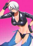  1girl akisu_k angel_(kof) blue_eyes boots bra breasts chaps cowboy_boots cropped_jacket finger_horns fingerless_gloves gloves hair_over_one_eye index_fingers_raised jacket large_breasts leather leather_jacket looking_at_viewer snk strapless strapless_bra the_king_of_fighters the_king_of_fighters_xiv toned underwear white_hair 
