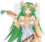  1girl armlet bangs bare_shoulders breasts carrot cleavage djames dress forehead_jewel gold green_eyes green_hair hand_on_hip highres jewelry kid_icarus kid_icarus_uprising laurel_crown long_hair one_eye_closed palutena parted_bangs pendant side_slit solo strapless strapless_dress very_long_hair white_dress 