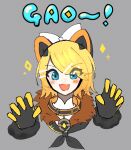  1girl animal_ears bangs black_gloves black_neckerchief blonde_hair blue_eyes blush bow claw_pose collar cropped_arms cropped_shoulders eyes_visible_through_hair fang fur-trimmed_gloves fur_collar fur_trim gloves grey_background hair_bow hands_up kagamine_rin lion_ears lion_girl looking_at_viewer magical_mirai_(vocaloid) magical_mirai_rin magical_mirai_rin_(2019) mechanical_ears monitaros_393 neckerchief open_mouth parted_bangs portrait short_hair simple_background skin_fang solo two-tone_gloves vocaloid white_bow yellow_gloves 
