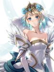  1girl absurdres artist_name bare_shoulders blonde_hair blue_hair breasts bridal_gauntlets bridal_veil bride bride_(fire_emblem) clear_glass_(mildmild1311) collarbone crown dress elbow_gloves feather_trim fire_emblem fire_emblem_heroes fjorm_(fire_emblem) flower frills gloves gradient_hair hair_flower hair_ornament highres looking_at_viewer multicolored_hair official_alternate_costume short_hair signature simple_background small_breasts smile solo strapless strapless_dress twitter_username upper_body veil wedding_dress white_background white_dress white_gloves 