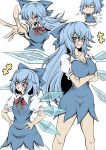  age_progression aged_up alternate_hair_length alternate_hairstyle blue_bow blue_dress blue_eyes blue_hair bow breasts cirno cleavage crossed_arms dress grin hair_bow hidefu_kitayan highres ice ice_wings large_breasts long_hair looking_at_viewer multiple_views short_hair short_sleeves simple_background smile touhou white_background wings 