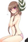  1girl black_headwear blush breasts brown_hair collarbone flying_sweatdrops hat hat_removed headwear_removed highres holding holding_plant medium_breasts myouga_(plant) navel nishida_satono open_mouth ougi_hina panties pink_panties plant purple_eyes short_hair_with_long_locks sideboob sidelocks simple_background solo touhou underwear underwear_only white_background 