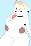  &lt;3 absurd_res big_breasts breasts canid canine canis collar collar_only domestic_dog food fur genitals hair heart_(marking) heterochromia hi_res mammal multicolored_body multicolored_fur multicolored_hair nude popsicle popsicle_stick pussy saltine_(toonarscontent) tagme toonarscontent two_tone_body two_tone_fur two_tone_hair two_tone_tail wide_hips 