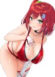  1girl absurdres after_paizuri asymmetrical_gloves bent_over bikini breasts choker cum cum_on_body cum_on_breasts dolphin_wave elbow_gloves gloves green_eyes green_scrunchie hair_intakes hair_ornament hand_on_own_chest highres red_bikini red_hair sakimiya_iruka satou_kuuki scrunchie side_ponytail swimsuit thighhighs water_drop wet white_background white_gloves 