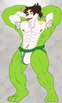  absurd_res big_bulge big_chest brown_hair bulge chesnaught clothing generation_6_pokemon hair hi_res jockstrap male marcelo_solava nintendo nipples pokemon pokemon_(species) shield solo tattoo underwear video_games 