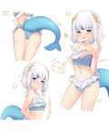  1girl absurdres bangs bikini blue_eyes blue_hair blush fish_tail gawr_gura hair_ornament highres hololive hololive_english looking_at_viewer multicolored_hair namiorii navel open_mouth shark_tail solo streaked_hair swimsuit tail virtual_youtuber white_hair 