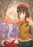  2girls absurdres black_hair blonde_hair blush closed_eyes couple hat highres holding_hands inoue_takina interlocked_fingers long_hair looking_at_another lycoris_recoil medium_hair multiple_girls nishikigi_chisato outdoors pants purple_eyes scarf shared_clothes shared_scarf sitting smile snowing sweater tree winter_clothes yu_clovers yuri 