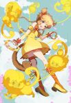  animal_ears blonde_hair bow braid bridal_garter choker detached_sleeves dress fingerless_gloves fong_pudding full_body gloves highres holding holding_instrument holding_weapon instrument magical_girl mew_pudding monkey monkey_ears monkey_girl monkey_tail open_mouth orange_bow orange_gloves petals puffy_detached_sleeves puffy_sleeves short_hair short_twintails startboii tail tokyo_mew_mew twintails weapon yellow_dress yellow_footwear 