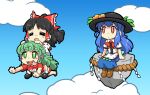  3girls apron black_hair black_headwear blue_hair blue_skirt blush_stickers bow chibi cloud floating flying green_eyes green_hair hair_bow hair_tubes hakurei_reimu hat hinanawi_tenshi horns komano_aunn long_hair multiple_girls rakkidei red_eyes riding rock sandals single_horn sitting skirt tongue tongue_out touhou waist_apron 