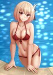  1girl :q bangs bare_arms bare_shoulders bikini blonde_hair blurry blurry_background blush breasts cleavage closed_mouth commentary depth_of_field front-tie_bikini_top front-tie_top hair_between_eyes hair_ribbon highres kazenokaze looking_at_viewer lycoris_recoil medium_breasts navel nishikigi_chisato o-ring o-ring_bikini o-ring_top pool red_bikini red_eyes red_ribbon ribbon side-tie_bikini_bottom smile solo swimsuit tongue tongue_out water 