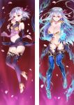  2girls bangs breasts breasts_apart cleavage closed_mouth dakimakura_(medium) detached_sleeves fate/grand_order fate_(series) fiery_hair floating_hair flower full_body hair_between_eyes hair_ribbon high_heels holding holding_flower kama_(fate) kama_(first_ascension)_(fate) kama_(third_ascension)_(fate) large_breasts long_hair long_sleeves looking_at_viewer microskirt midriff moeanime multiple_girls navel panties parted_lips petals pink_flower pink_ribbon purple_panties purple_skirt purple_sleeves red_background red_eyes ribbon shiny shiny_clothes shiny_legwear shiny_skin skirt smile split_screen stomach thighhighs underwear very_long_hair white_hair yellow_panties 