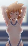  1girl absurdres arms_behind_head arms_up covered_navel covered_nipples greatm8 highres looking_at_viewer misty_(pokemon) one-piece_swimsuit orange_hair pokemon pokemon_(game) pokemon_hgss short_hair solo swimsuit upper_body wet white_one-piece_swimsuit 