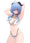  1girl :q absurdres ahoge andamiro armpits arms_behind_head bangs bare_shoulders bell bikini blue_hair blush breasts cleavage cowboy_shot ganyu_(genshin_impact) genshin_impact goat_horns highleg highleg_panties highres horns long_hair looking_at_viewer medium_breasts navel neck_bell panties purple_eyes sidelocks solo swimsuit tongue tongue_out underwear unfinished white_background 