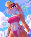  accessory anthro bikini bikini_bottom blonde_hair blue_eyes bodily_fluids buckteeth clothing cloud female gloves hair hair_accessory hair_tie handwear hi_res lagomorph leporid lola_bunny long_ears looking_at_viewer looney_tunes mammal niloc_drewney palm_tree pink_bikini pink_clothing pink_swimwear plant rabbit sky smile solo sweat swimwear teeth topwear tree tube_top warner_brothers 