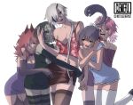  5girls :d arms_around_waist artist_name bangs black_sclera blue_dress blush brain breast_cutout breasts chainsaw_man cigarette cleavage clemieful collarbone colored_sclera cosmo_(chainsaw_man) dangling_eye dress elbow_gloves exposed_brain eye_pop eyepatch gloves hair_between_eyes hair_over_one_eye harem heart heart_in_eye highres holding_hands horns hug hug_from_behind living_hair long_(chainsaw_man) long_hair looking_at_another looking_to_the_side multiple_girls one_eye_covered open_mouth pingtsi_(chainsaw_man) purple_dress quanxi&#039;s_group_(chainsaw_man) quanxi_(chainsaw_man) short_hair simple_background skirt smile standing stitched_face stitched_mouth stitches strap_slip striped striped_thighhighs symbol_in_eye thighhighs tsugihagi_(chainsaw_man) white_background white_thighhighs yuri 