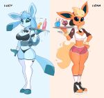  anthro blue_background blue_body blue_eyes breasts clothed clothing duo eeveelution female flareon generation_1_pokemon generation_4_pokemon glaceon hi_res holding_object kilinah legwear nintendo orange_body pokemon pokemon_(species) pokemorph simple_background video_games 