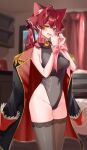  1girl absurdres ahoge animal_ears bell blurry blurry_background blush breasts cat_ears coat hair_between_eyes hair_ornament heterochromia highres hololive hoshikani houshou_marine jingle_bell kemonomimi_mode neck_bell open_mouth red_eyes red_hair sideboob skindentation smile solo sweatdrop thighhighs twintails virtual_youtuber yellow_eyes 