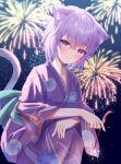  1girl absurdres aerial_fireworks ahoge animal_ear_fluff animal_ears bangs blush cat_ears cat_girl cat_tail commentary_request fireworks floral_print hair_between_eyes highres holding_fireworks hololive japanese_clothes kimono long_sleeves looking_at_viewer nekomata_okayu obi parted_lips print_kimono purple_eyes purple_hair purple_kimono sash senkou_hanabi solo sparkler squatting tail tail_raised thorny virtual_youtuber wide_sleeves 