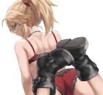  1girl ass back bangs bare_shoulders black_footwear blonde_hair boots braid breasts fate/apocrypha fate/grand_order fate_(series) french_braid green_eyes highres lingerie long_hair looking_at_viewer looking_back mordred_(fate) mordred_(fate/apocrypha) mordred_(memories_at_trifas)_(fate) parted_bangs ponytail shorts sidelocks small_breasts solo tonee underwear 