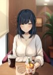  1girl absurdres bangs black_hair blouse breasts cleavage cup dating disposable_cup drinking_straw furune_emu highres indoors jewelry large_breasts long_hair looking_at_viewer necklace original plant pov shirt sitting table wooden_table yellow_eyes 