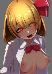  1girl blonde_hair breasts collared_shirt embodiment_of_scarlet_devil fangs hair_ribbon heart heart-shaped_pupils highres long_sleeves medium_breasts medium_hair necktie nipples open_clothes open_mouth red_eyes red_necktie red_ribbon ribbon rumia shirt solo steaming_body symbol-shaped_pupils textless_version touhou upper_body white_shirt youkai yukito_(dreamrider) 