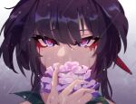  1girl bangs blood blood_from_eyes closed_mouth crying crying_with_eyes_open flower hair_ornament highres holding holding_flower honkai_(series) honkai_impact_3rd purple_eyes purple_flower purple_hair raiden_mei raiden_mei_(danzai_spectramancer) rain solo tears upper_body vanyayoe3 