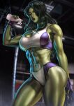  1girl abs biceps black_lips blurry blurry_background breasts closed_eyes colored_skin dandon_fuga fingerless_gloves gloves green_hair green_skin gym highres long_hair marvel muscular muscular_female navel pouring pouring_onto_self punching_bag she-hulk solo sports_bra sportswear standing stomach thermos thighs toned water wavy_hair wet wet_clothes 