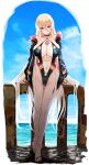  1girl absurdres alternate_costume azur_lane bismarck_(azur_lane) black_one-piece_swimsuit blonde_hair blue_eyes blush cloud cloudy_sky cross full_body hair_between_eyes hey_taisyou highres iron_cross jacket long_hair looking_at_viewer navel ocean one-piece_swimsuit plunging_neckline sandals sky solo stomach swimsuit unzipped very_long_hair 
