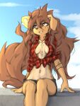  anthro apogee_(tinygaypirate) arm_support black_nose bottomwear breasts brown_body brown_eyes brown_fur brown_hair canid canine canis cheek_tuft cleavage clothed clothing cloud cowlick day domestic_dog ear_piercing eyebrow_through_hair eyebrows eyelashes facial_piercing facial_tuft female floppy_ears fur furgonomics furry-specific_piercing hair hi_res hip_tuft inner_ear_fluff inner_sideboob knee_tuft leg_tuft long_hair looking_aside mammal markings messy_hair midriff mottled mottled_nose muzzle_piercing navel nose_piercing open_clothing open_shirt open_topwear outside pattern_clothing pattern_shirt pattern_topwear piercing pink_nose plaid plaid_clothing plaid_shirt plaid_topwear shadow shirt shorts sitting slim smile solo spitz tinygaypirate toothy_smile topwear translucent translucent_hair tuft 