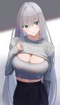  1girl absurdres bangs black_pants blue_eyes breasts cleavage cleavage_cutout clothing_cutout ethel_(xenoblade) grey_hair grey_sweater highres large_breasts long_hair long_sleeves looking_at_viewer matsukan_(dug_pile) meme_attire open-chest_sweater pants ribbed_sweater smile solo sweater xenoblade_chronicles_(series) xenoblade_chronicles_3 
