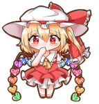  1girl alternate_headwear alternate_wings ascot blonde_hair bow buttons chibi collared_shirt covering_mouth flandre_scarlet frilled_bow frilled_shirt_collar frilled_sleeves frills full_body hair_between_eyes hat hat_bow hat_ribbon heart heart_wings kisaragi_ao looking_at_viewer medium_hair mob_cap multicolored_wings puffy_short_sleeves puffy_sleeves red_bow red_eyes red_footwear red_ribbon red_skirt red_vest ribbon shirt short_sleeves side_ponytail simple_background skirt socks solo standing touhou vest white_background white_headwear white_shirt white_socks wings yellow_ascot 