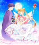  1boy 2girls back_bow bare_shoulders bishoujo_senshi_sailor_moon blonde_hair bow bowtie closed_eyes cone_hair_bun couple crescent crescent_facial_mark double_bun dress earrings facial_mark father_and_daughter forehead_mark formal gloves hair_bun holding holding_staff jewelry kairi_(oro-n) king_endymion long_hair mother_and_daughter multiple_girls neo_queen_serenity pink_hair small_lady_serenity smile staff strapless strapless_dress suit tiara twintails very_long_hair white_dress white_gloves 