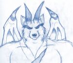 anthro canid canine canis demon fur horn hybrid male mammal reddragonkan scar simple_background solo traditional_media_(artwork) unknown_character wings wolf 