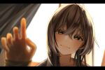  1girl ahoge backlighting bangs blurry brown_eyes brown_hair curtains depth_of_field hand_up hololive hololive_english juno_ox long_hair multicolored_hair nanashi_mumei pajamas smile streaked_hair very_long_hair virtual_youtuber 