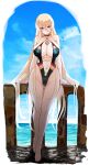  1girl absurdres alternate_costume azur_lane bismarck_(azur_lane) black_one-piece_swimsuit blonde_hair blue_eyes blush cloud cloudy_sky cross full_body hair_between_eyes hey_taisyou highres iron_cross long_hair looking_at_viewer navel ocean one-piece_swimsuit plunging_neckline sky solo stomach swimsuit very_long_hair 