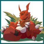  absurdres border claws colored_skin digimon digimon_(creature) digimon_tamers food grass green_border guilmon highres holding holding_food kaiju_(konokaijuda) lower_teeth lying on_back open_mouth red_skin sharp_teeth solo tail teeth translation_request 