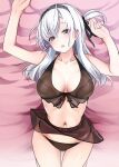  1girl bed_sheet black_bra black_eyes black_panties blush bra breasts collarbone hair_between_eyes kantai_collection large_breasts long_hair lying navel on_back one_side_up open_mouth panties revision suzutsuki_(kancolle) swimsuit takase_muh twitter_username underwear white_hair 