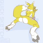  2022 3_toes anthro bandai_namco blue_eyes butt canid digimon digimon_(species) digital_drawing_(artwork) digital_media_(artwork) digital_painting_(artwork) feet female fluffy fluffy_tail fur fur_markings hi_res long_ears long_tail looking_at_viewer mammal markings multicolored_body multicolored_fur neck_tuft pinup pose raised_tail rear_view renamon shaded signature simple_background simple_coloring simple_eyes simple_shading sitting sketch sketchy solo spread_legs spreading sweet.lemons thick_thighs toes tuft two_tone_body two_tone_fur white_body white_fur yellow_body yellow_fur 