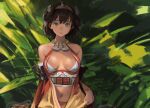  1girl blue_eyes breasts breasts_apart brown_hair dark-skinned_female dark_skin detached_sleeves green_background highres looking_at_viewer medium_breasts open_clothes open_mouth oshiro_project parted_lips sara_manta short_hair shuri_(oshiro_project) solo 