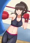  1girl alternate_hairstyle bangs black_leggings black_sports_bra blunt_bangs boxing_gloves boxing_ring breasts brown_eyes brown_hair cleavage commentary dutch_angle girls_und_panzer groin hair_up hiromon large_breasts leggings long_hair looking_to_the_side midriff navel nishizumi_shiho open_mouth ponytail punching punching_bag sidelocks solo sports_bra standing straight_hair thigh_gap 