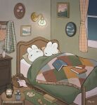  2others ayu_(mog) bed bed_sheet bedroom blanket book chest_of_drawers commentary curtains indoors lying multiple_others night on_bed original picture_frame pillow sky sleeping slippers star_(sky) starry_sky window 