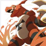  absurdres bangs brown_eyes claws colored_skin digimon digimon_(creature) digimon_tamers from_below grey_background guilmon highres kaiju_(konokaijuda) no_humans open_mouth red_skin solo white_background 