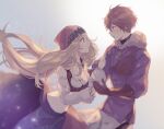  1boy 1girl blonde_hair blue_eyes breasts brown_eyes brown_hair bustier cleavage gloves head_scarf leather leather_gloves long_hair looking_at_another lynette_(octopath_traveler) medium_breasts midriff miles_(octopath_traveler) navel octopath_traveler octopath_traveler:_champions_of_the_continent open_mouth short_hair very_long_hair wspread 