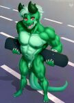  4_toes abs absurd_res anthro balls claws clothed clothing collarbone countershade_tail countershade_torso countershading dragon eldiman eyebrows feet finger_claws flaccid foreskin genitals green_arms green_balls green_body green_countershading green_feet green_fingers green_foreskin green_hair green_horn green_legs green_nipples green_penis green_scales green_tail green_toes hair hi_res horn humanoid_genitalia humanoid_penis male muscular muscular_anthro muscular_male navel nipples nude pecs penis pink_tongue pose red_eyes reptile scales scalie shadow skateboard standing teeth toe_claws toes tongue topless 