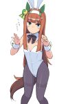  animal_ears black_bow black_bowtie black_pantyhose bow bowtie commentary_request detached_collar ear_covers fake_animal_ears flat_chest green_eyes hime_cut horse_ears horse_girl horse_tail kugui_kiyunemu leotard orange_hair pantyhose playboy_bunny rabbit_ears silence_suzuka_(umamusume) simple_background strapless strapless_leotard tail thighband_pantyhose translation_request umamusume white_background white_leotard wrist_cuffs 