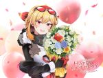  1girl 2022 balloon bangs black_bodysuit black_gloves blonde_hair blue_flower bodysuit bouquet breasts character_name commentary confetti dated english_commentary eyewear_on_head flower gloves hairband happy_birthday highres holding holding_bouquet hololive hololive_indonesia kaela_kovalskia large_breasts looking_at_viewer mallet medium_hair mitsumine_(ookami_no_oyashiro) neck_warmer open_mouth red-tinted_eyewear red_eyes red_hairband smile solo tinted_eyewear two-tone_bodysuit upper_body virtual_youtuber white_bodysuit white_flower yellow_flower 